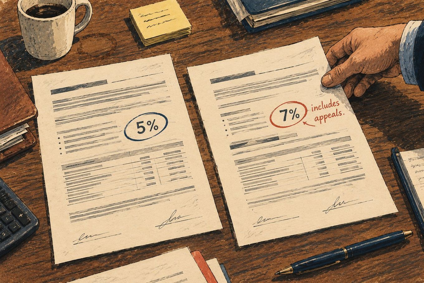 Desk with two documents, one shows '5%', the other '7% includes appeals', held by a hand.