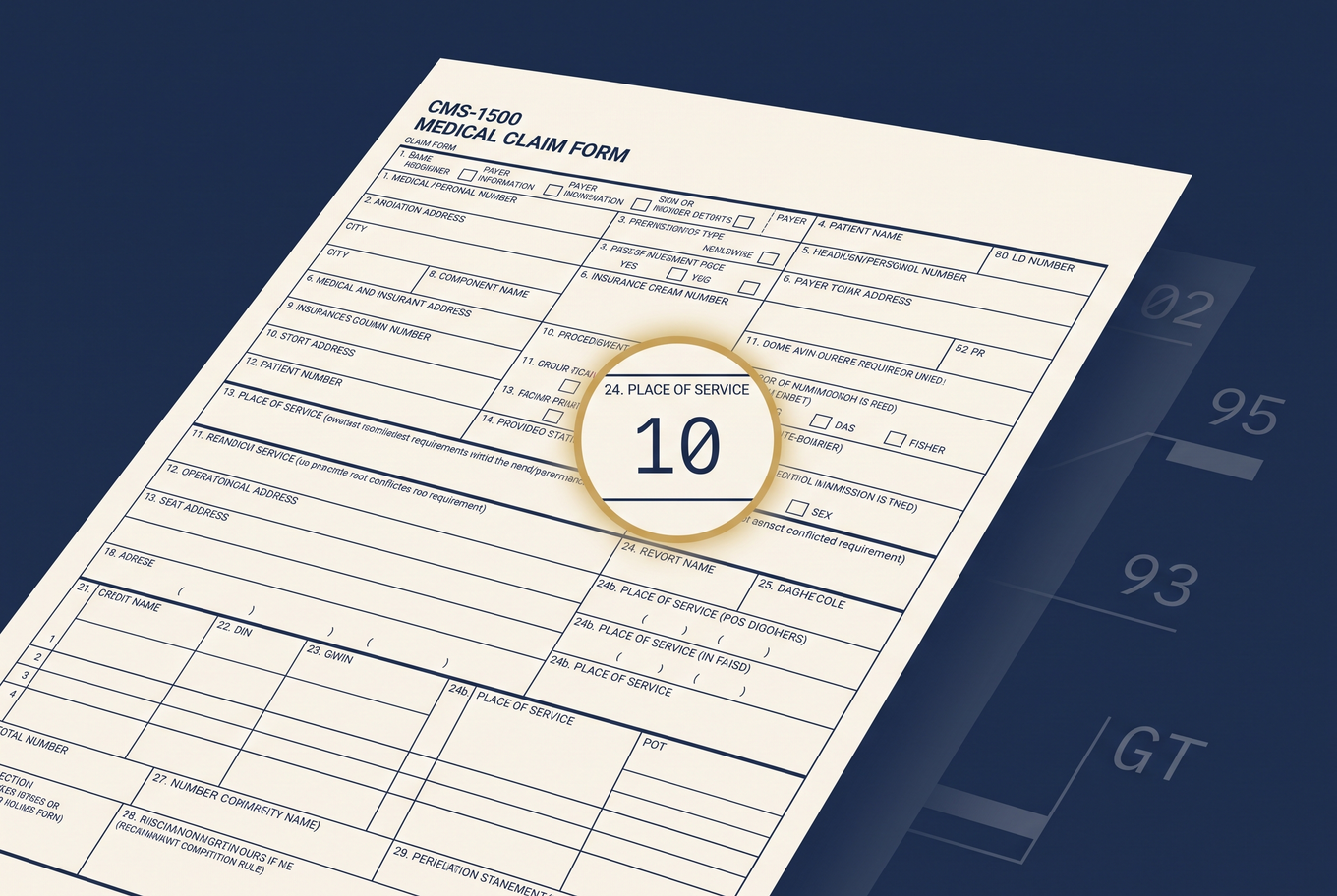 Editorial illustration of a CMS-1500 claim form with the Place of Service field highlighted in gold