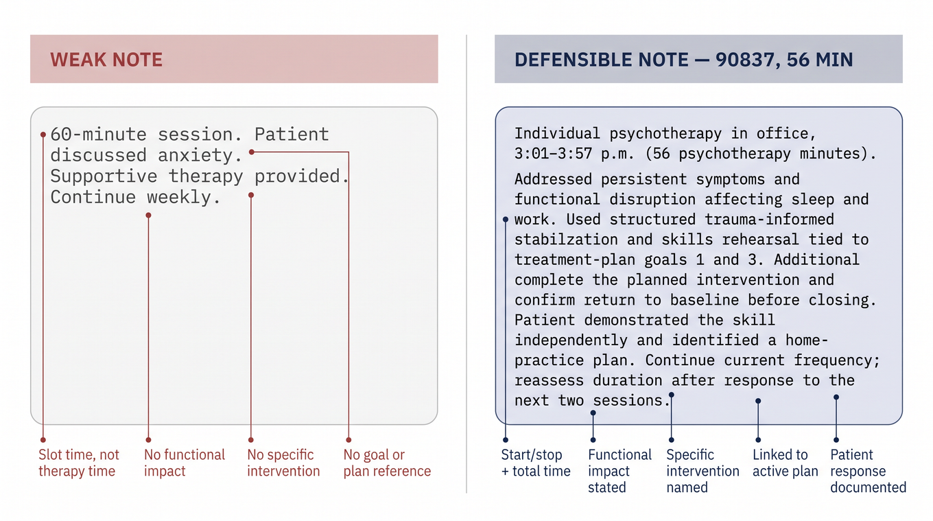 Side-by-side comparison of a weak and a defensible psychotherapy progress note, with callouts on what makes each fail or hold