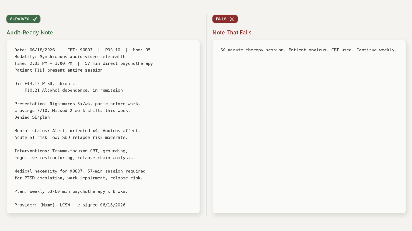 Side-by-side comparison of an audit-ready CPT 90837 progress note versus a one-line note that fails audit, showing the documentation gap through density contrast