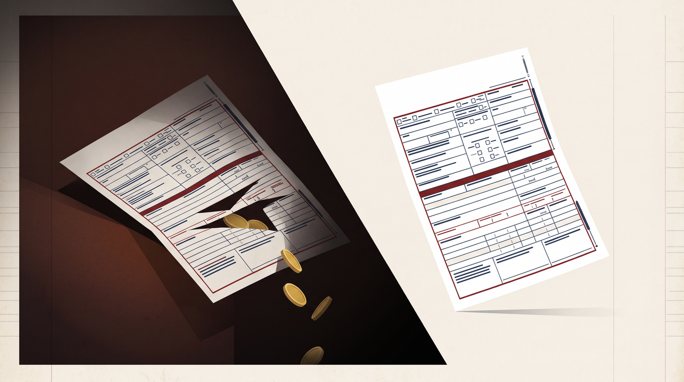 Split claim forms: one clean and visible, one leaking coins into shadow, illustrating hospital RCM's hidden second claim.