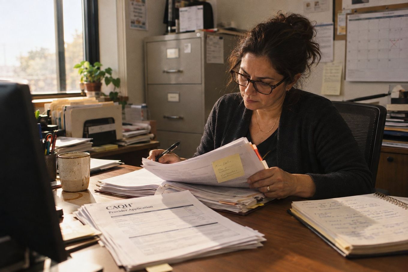 A professional woman wearing glasses intently reviews documents, including a CAQH Provider Application, at her office desk.