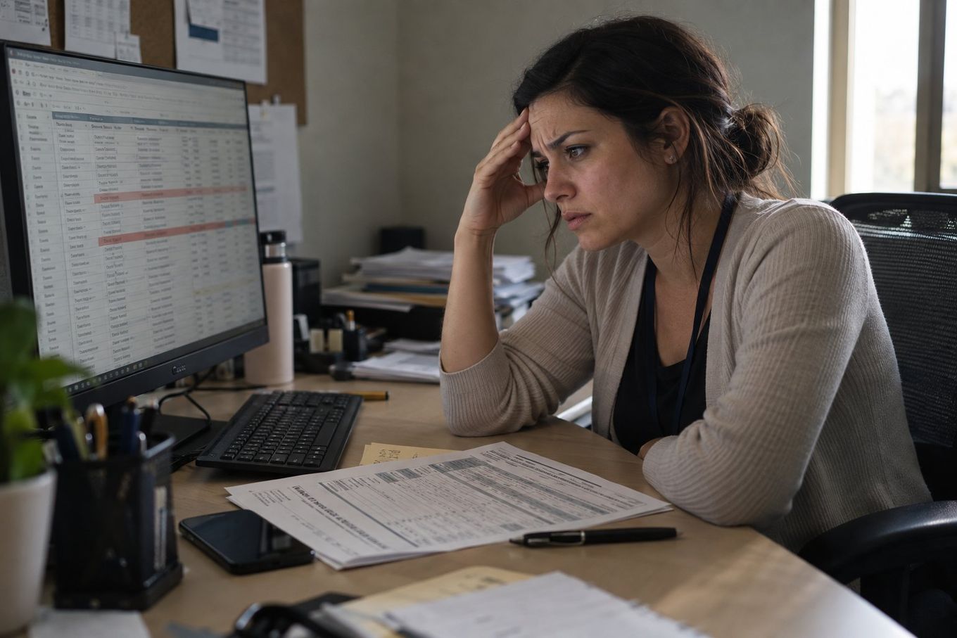 Stressed woman intently works at a computer desk, reviewing documents with a worried expression.