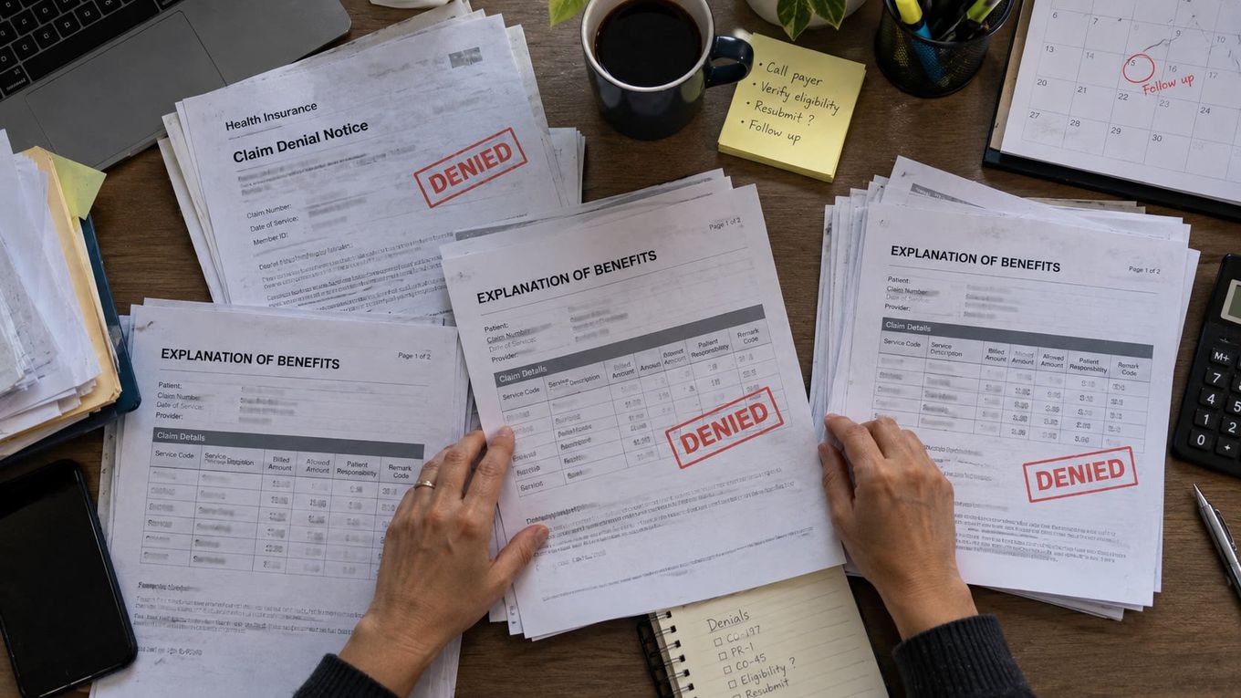 A billing coordinator staring at a monitor showing a claims report with multiple denied entries, with an Explanation of Benefits form on the desk