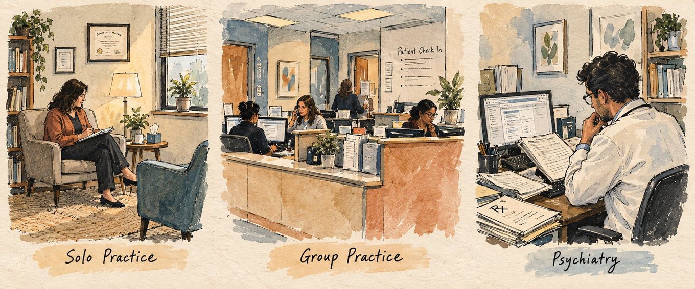Three watercolor illustrations showing different mental health practice settings: solo therapy, group office, and psychiatry.