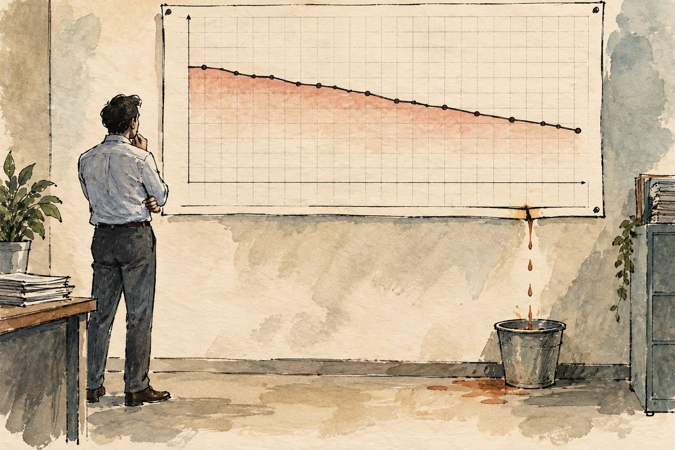 A man in an office stares thoughtfully at a declining graph on a whiteboard, which is leaking brown liquid into a bucket.