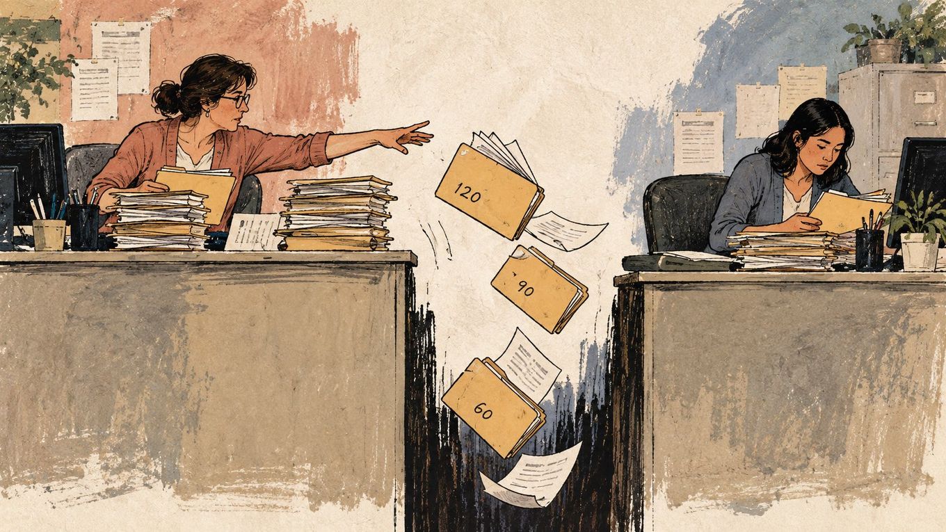 An editorial illustration of two desks with a gap between them, old claim folders labeled with aging days falling into the gap during a billing handoff