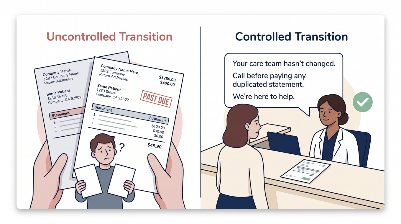 Split scene: left shows duplicate confusing patient statements, right shows a calm front-desk script interaction
