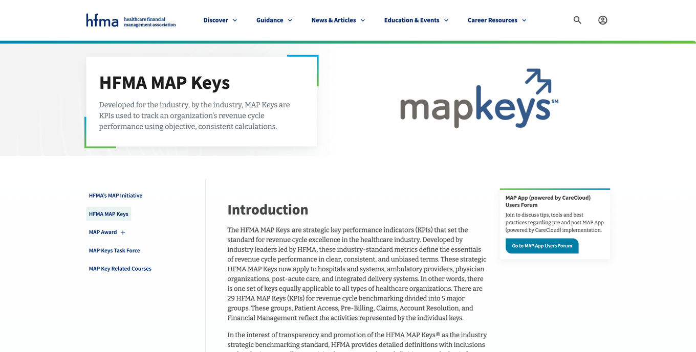 HFMA MAP Keys page describing the industry-standard revenue cycle KPIs used for benchmarking