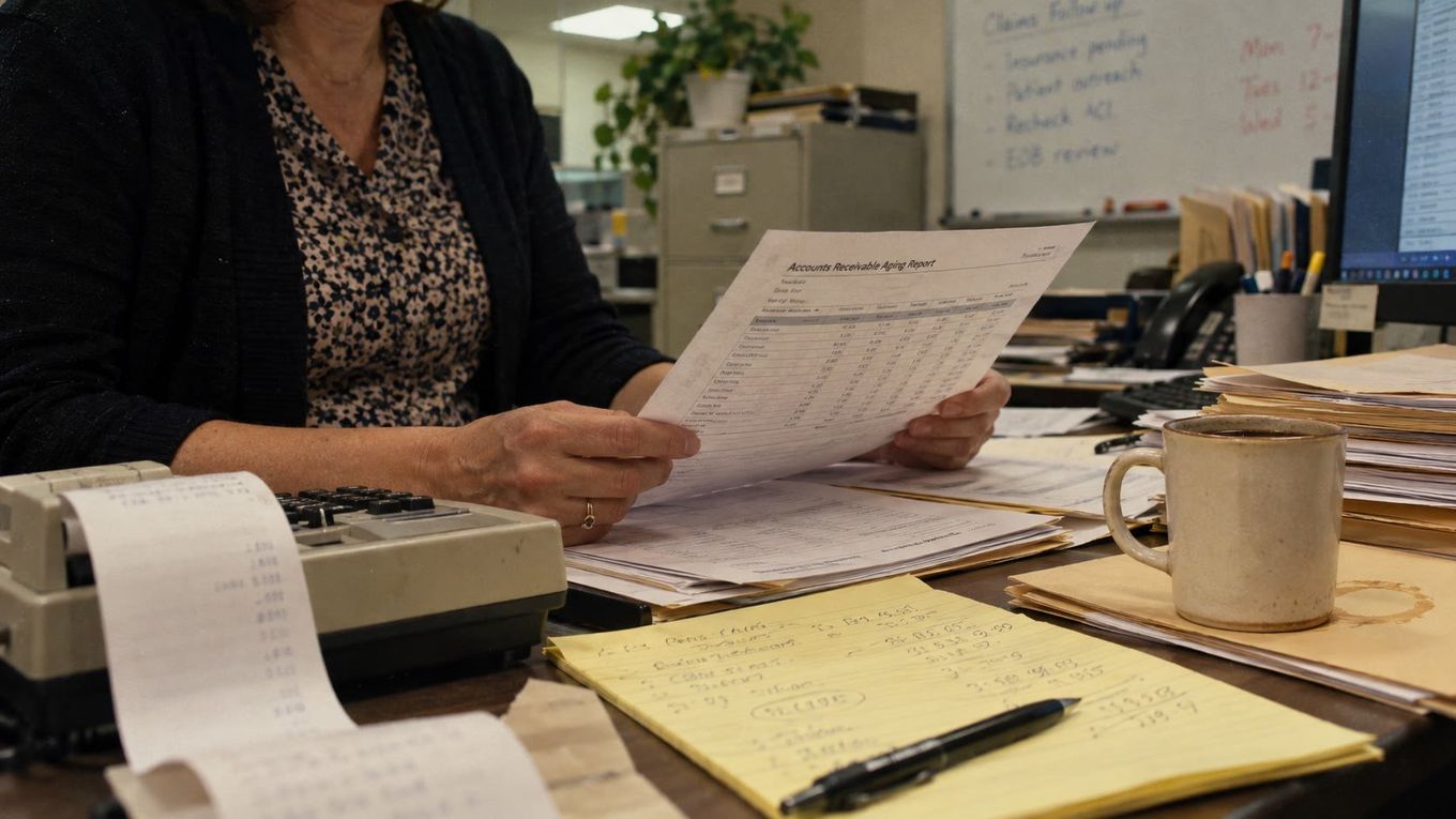 A pair of hands holding a printed billing report at a paper-covered desk, no face visible, fluorescent office lighting