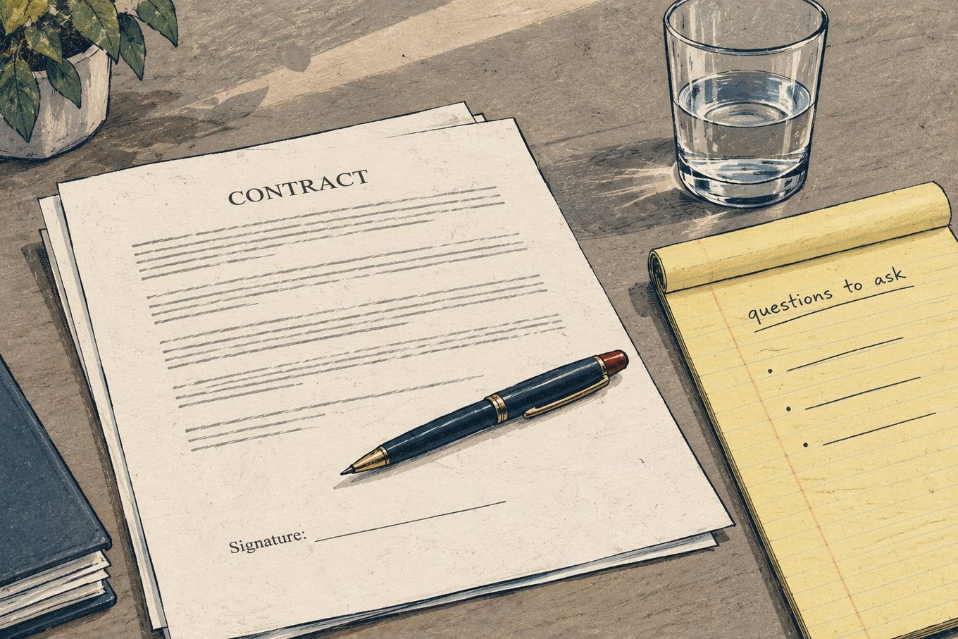 An overhead view of a contract document, a pen, a glass of water, and a 'questions to ask' notepad on a wooden desk.