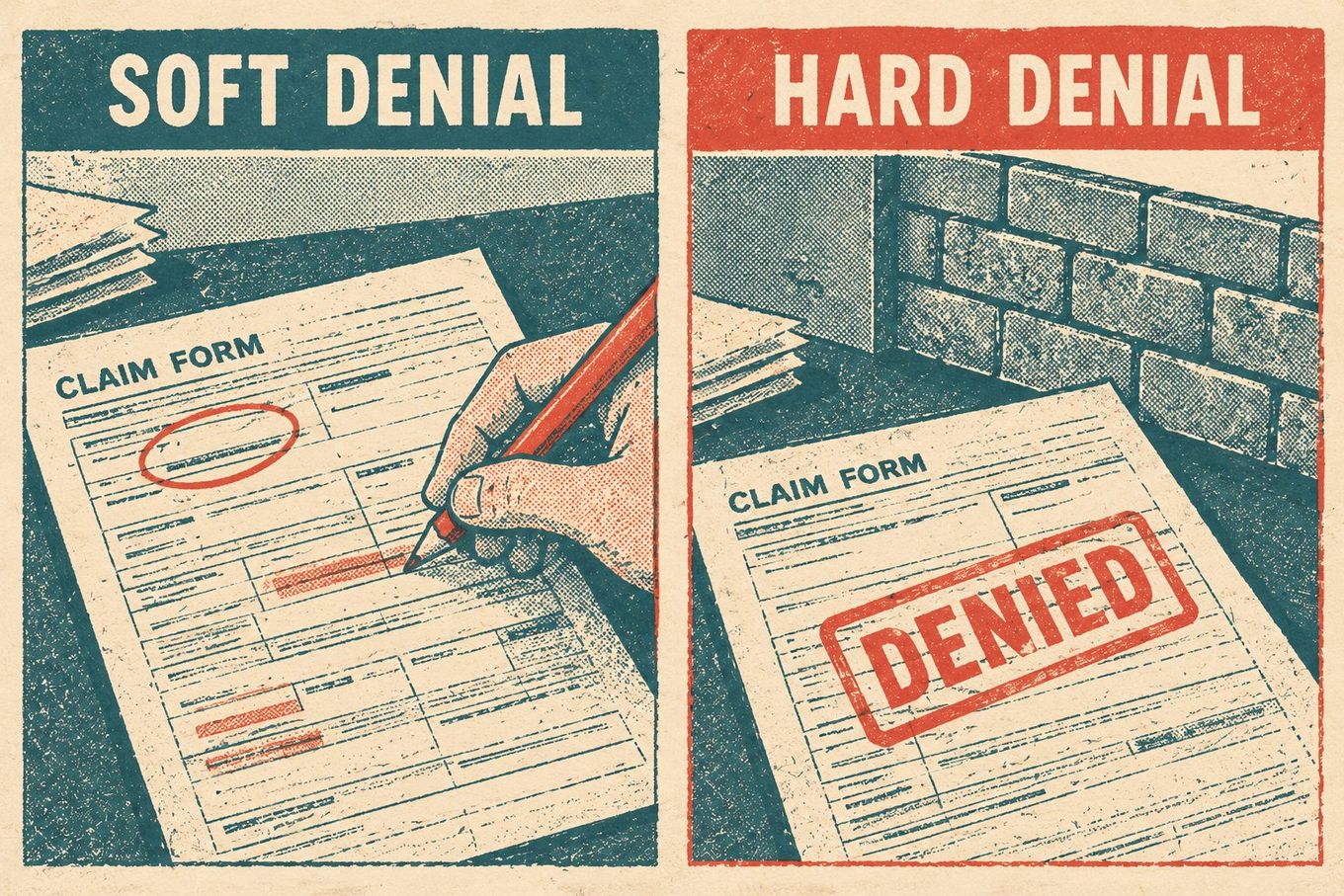 Two claim forms depict soft and hard denial; one marked in red, the other stamped 'DENIED' decisively.