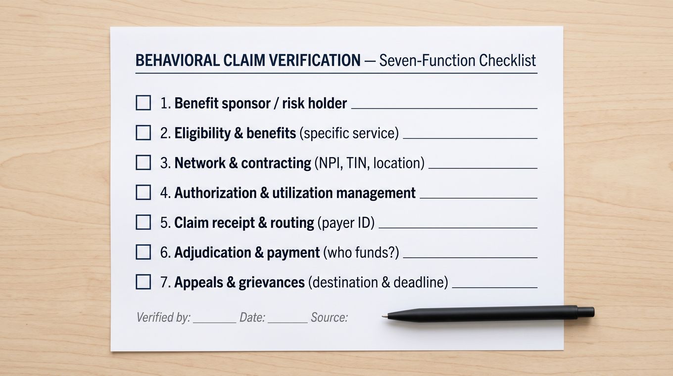 Checklist of seven behavioral claim verification functions on clipboard