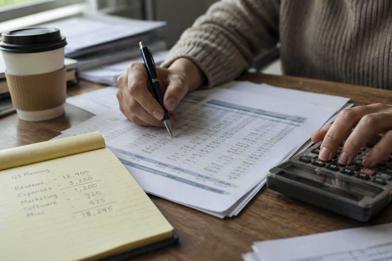A person calculates finances, writing on a document, with a notepad and coffee on a wooden desk.