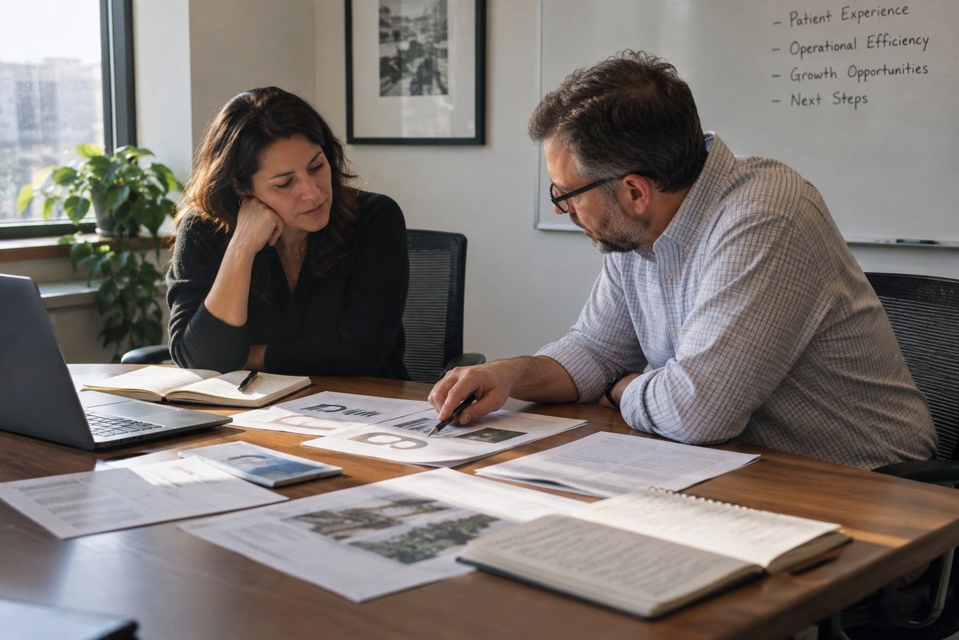 A man points at documents while discussing with a woman at a modern office table.