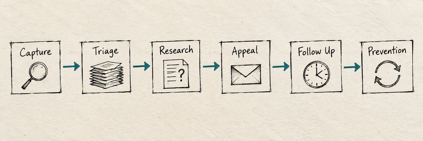 A flowchart showing six steps: Capture, Triage, Research, Appeal, Follow Up, and Prevention, connected by arrows.