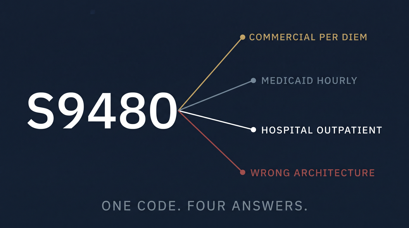 S9480 billing code splitting into four payer interpretations: commercial per diem, Medicaid hourly, hospital outpatient, and Medicare wrong architecture