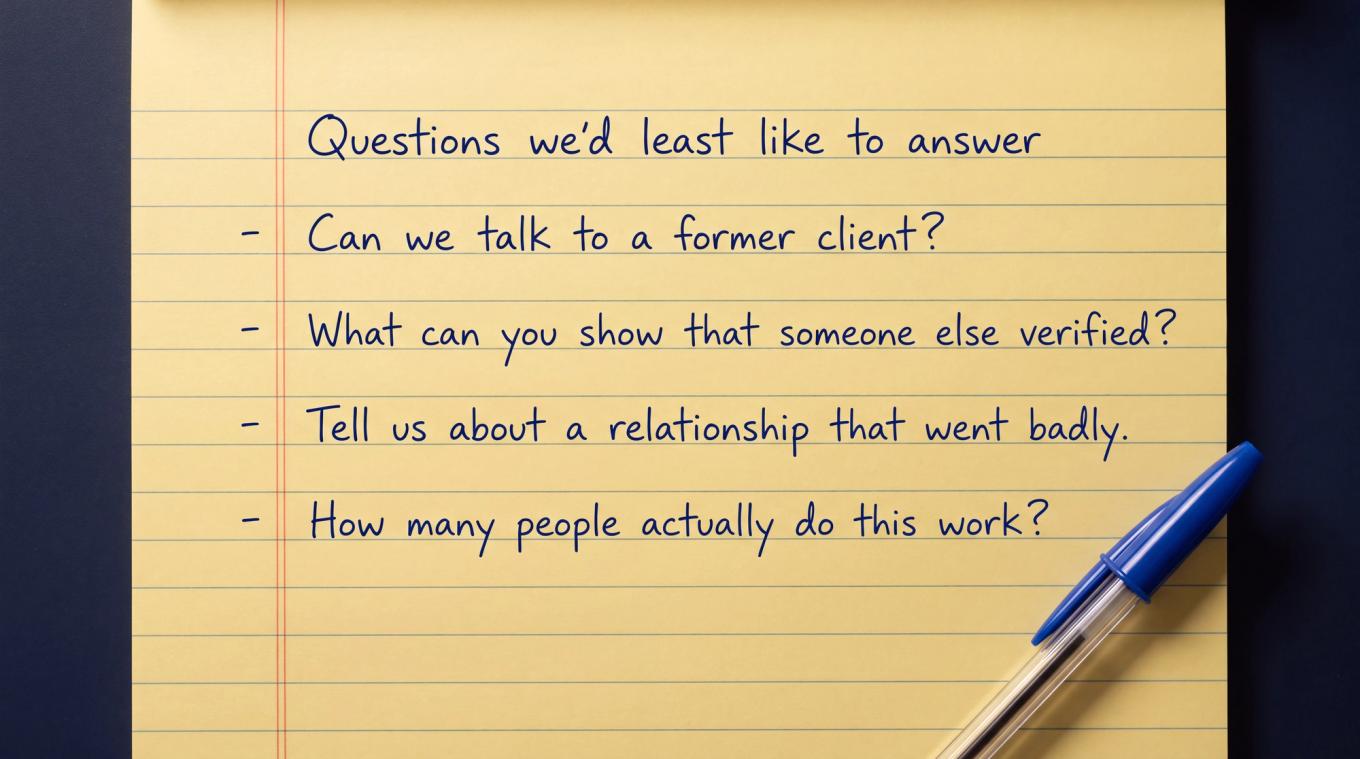 Overhead close-up of a yellow legal pad with handwritten questions a billing company would least like to answer, pen resting on the page