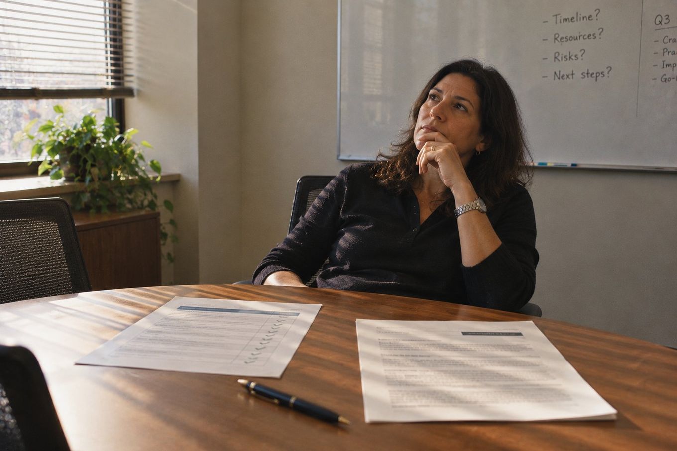 A thoughtful woman sits at a conference table with documents and a pen, looking up.
