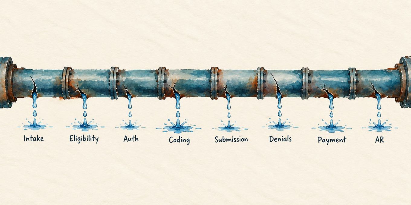 Watercolor illustration of a horizontal pipe crossing the full width of the image, with 8 labeled drip points showing where revenue leaks across the billing stages