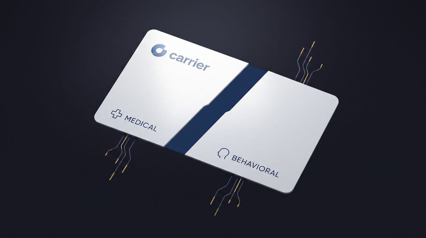 Editorial illustration: insurance card splitting into medical and behavioral payer paths