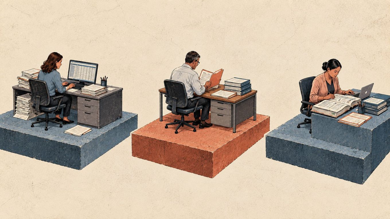 Three people work diligently at separate desks on distinct, raised platforms, processing documents and data.
