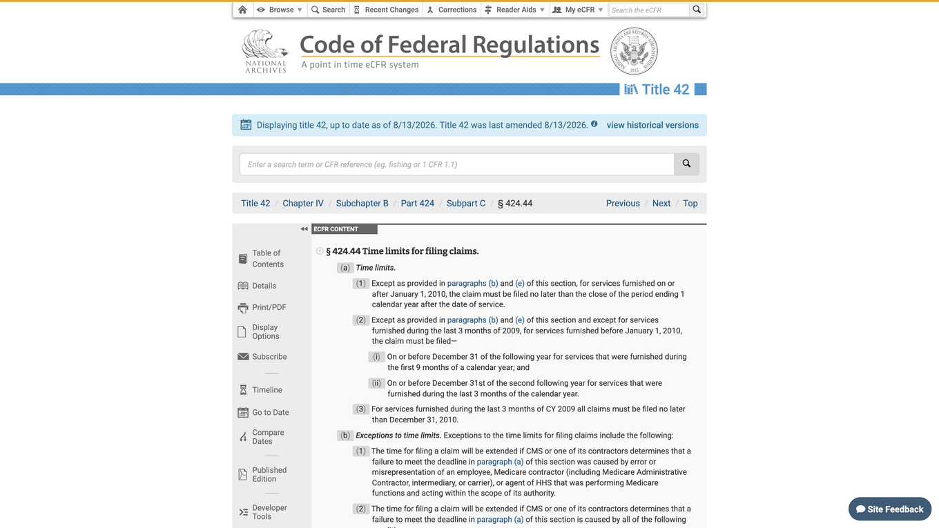 eCFR section 424.44 showing Medicare time limits for filing claims, one calendar year after the date of service