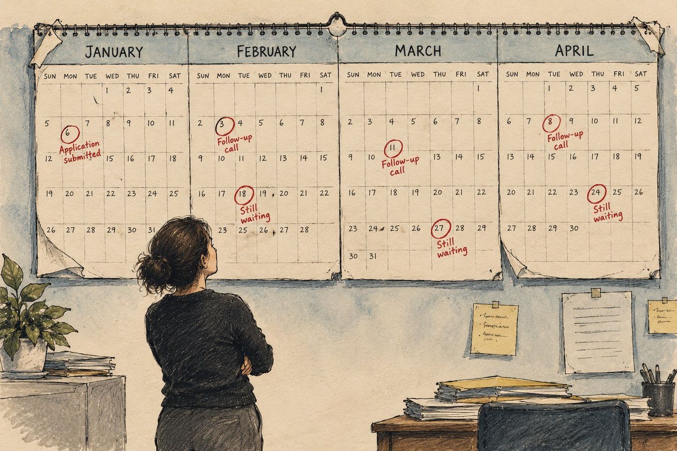 A person looks at a wall calendar tracking application status with notes like 'Still waiting'.