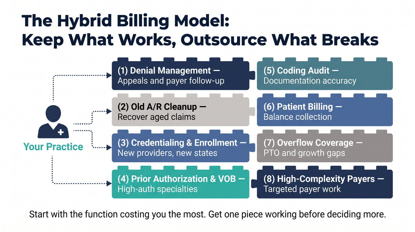 Diagram showing a hybrid billing model where selected RCM functions like denials and prior auth are outsourced while others stay in-house