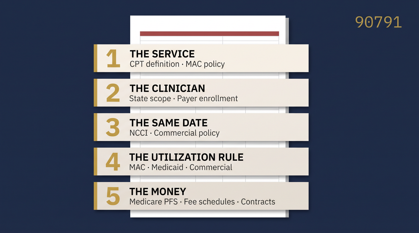 Editorial illustration showing five stacked rule layers a CPT 90791 claim must clear, each with its governing authority