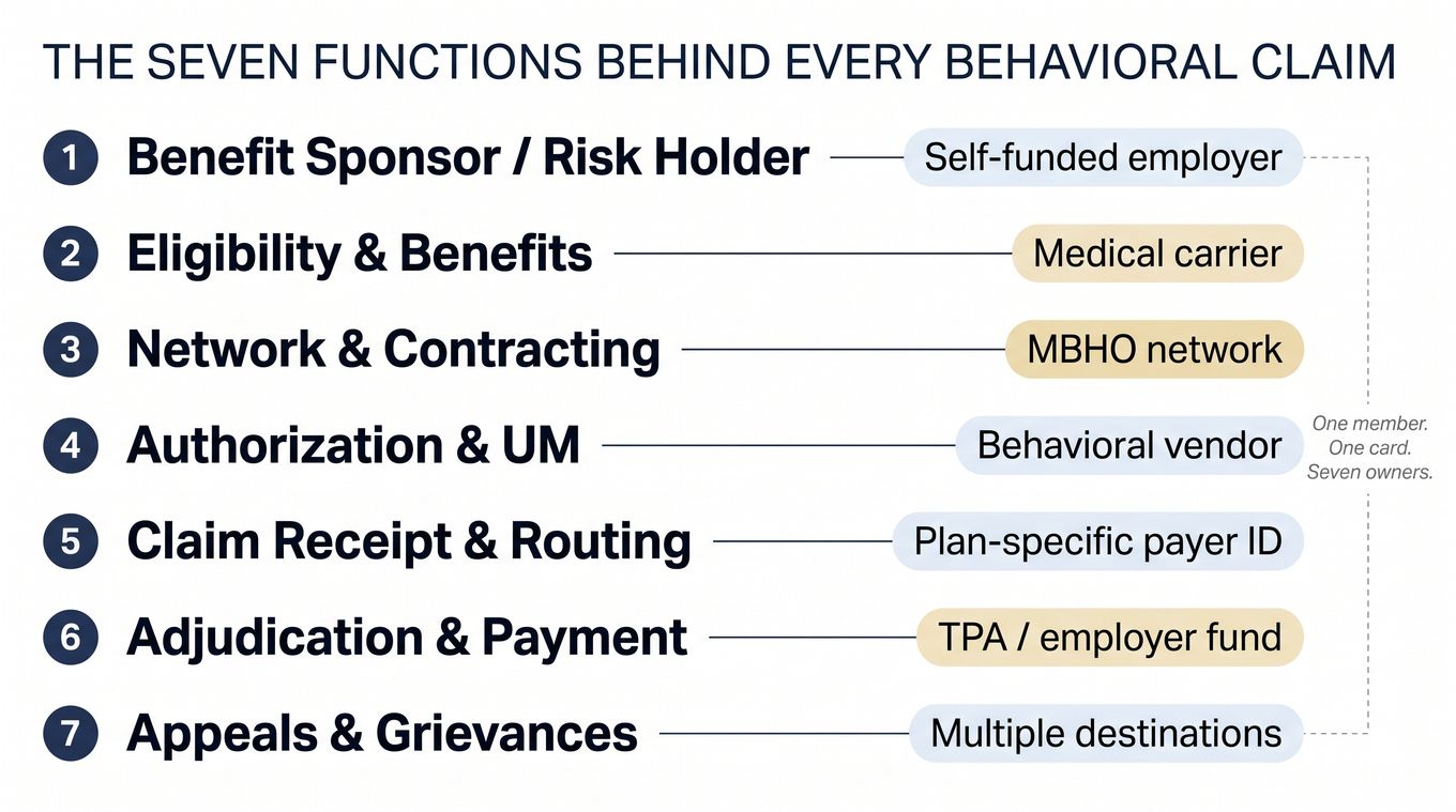 Infographic: seven administrative functions behind a behavioral health claim, split across organizations