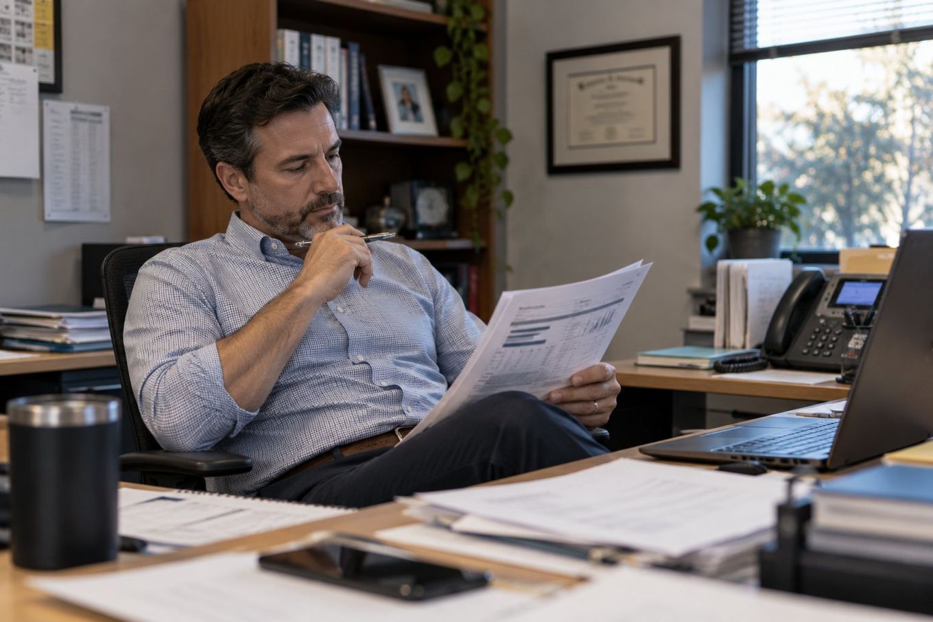 A man in a blue shirt reviews documents at an office desk, pen in hand.