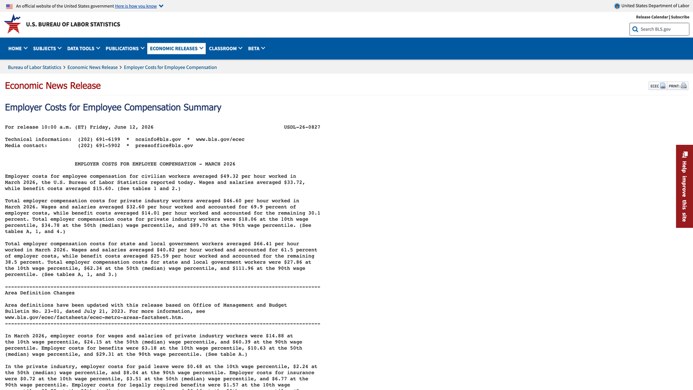 BLS Employer Costs for Employee Compensation release showing wages, benefits and total compensation by wage percentile