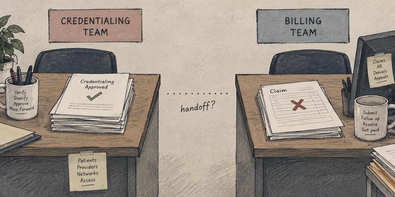 Two desks, "Credentialing Team" and "Billing Team," showing a problematic "handoff" in medical administration.