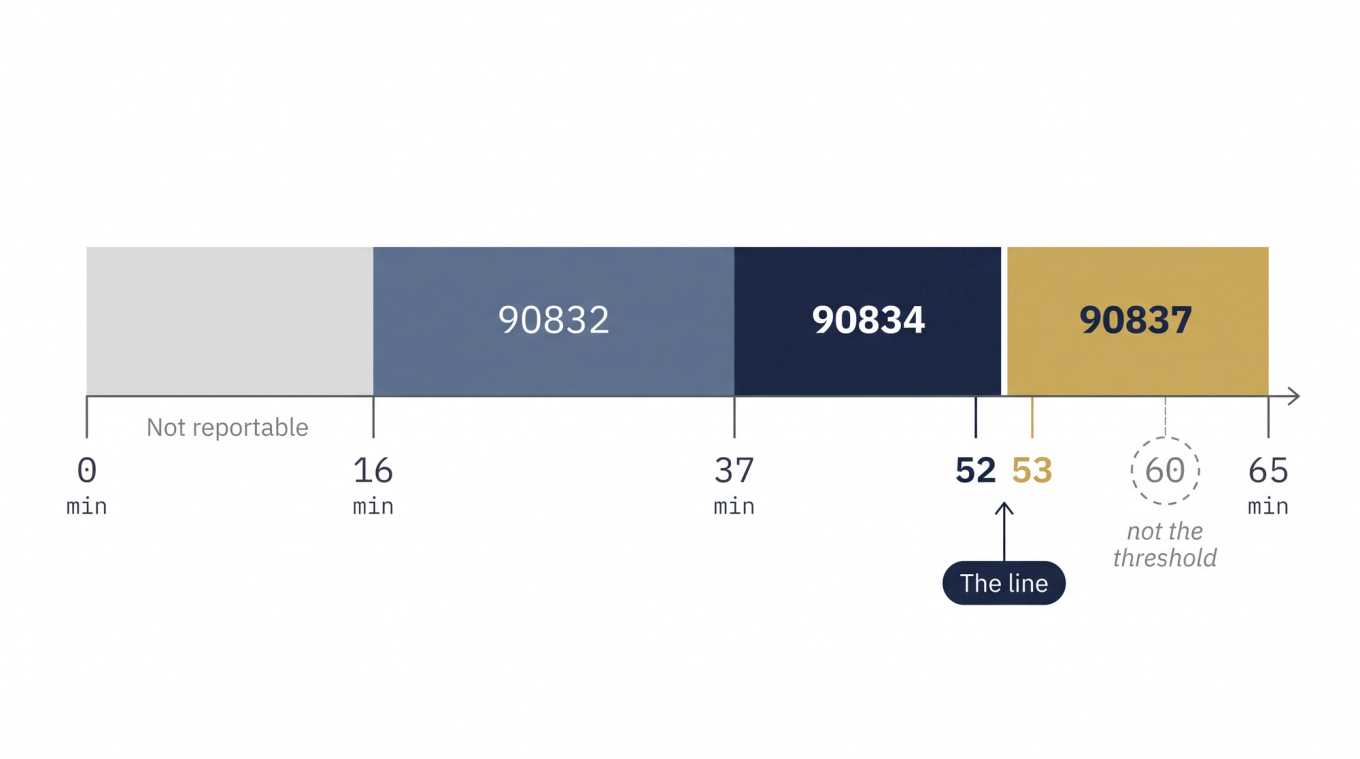 Psychotherapy CPT time bands: 90832 at 16-37 min, 90834 at 38-52, 90837 at 53+, with the 52/53 boundary highlighted