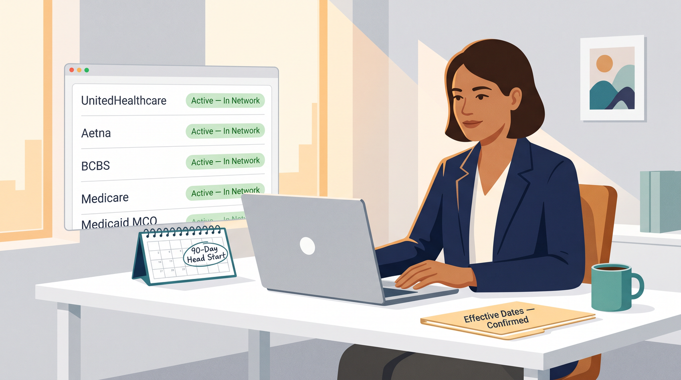 Editorial illustration of a confident behavioral health practice administrator reviewing a provider enrollment status dashboard with multiple active in-network confirmations across payers