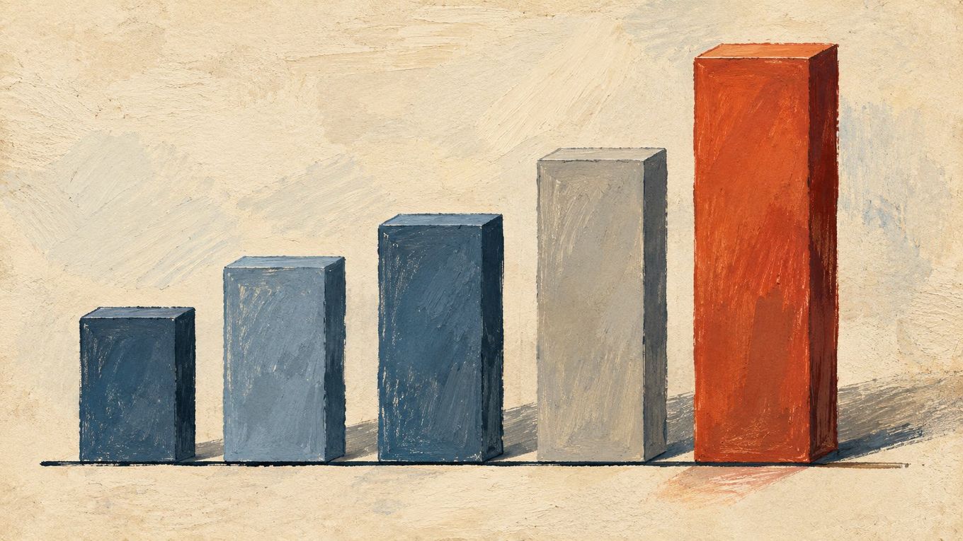 Five vertical bars representing AR aging buckets, with the 120-plus-day bucket taller and rendered in amber-red