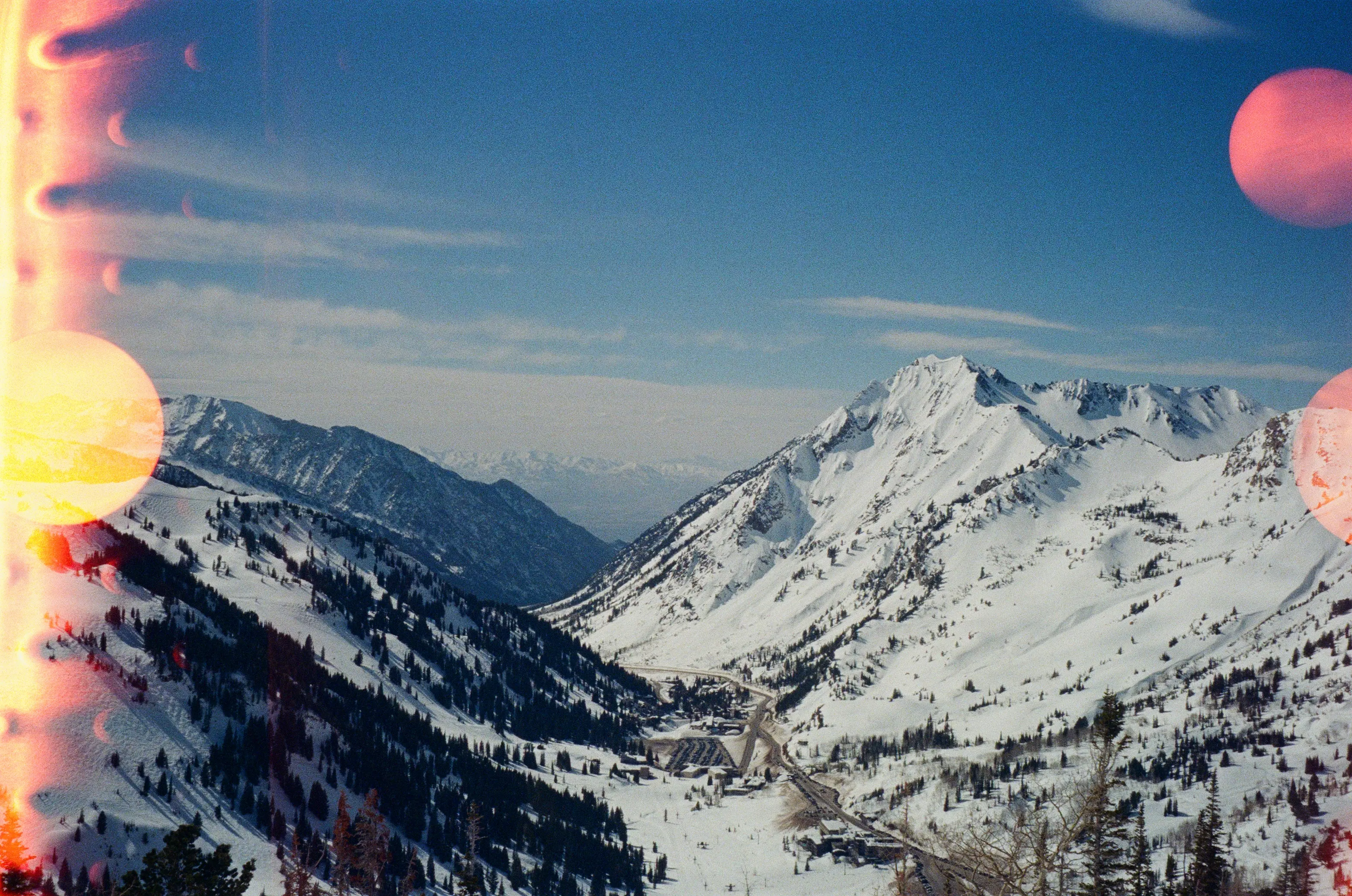 Little Cottonwood Canyon from Patsy Marley Summit, mid-winter, lens flare