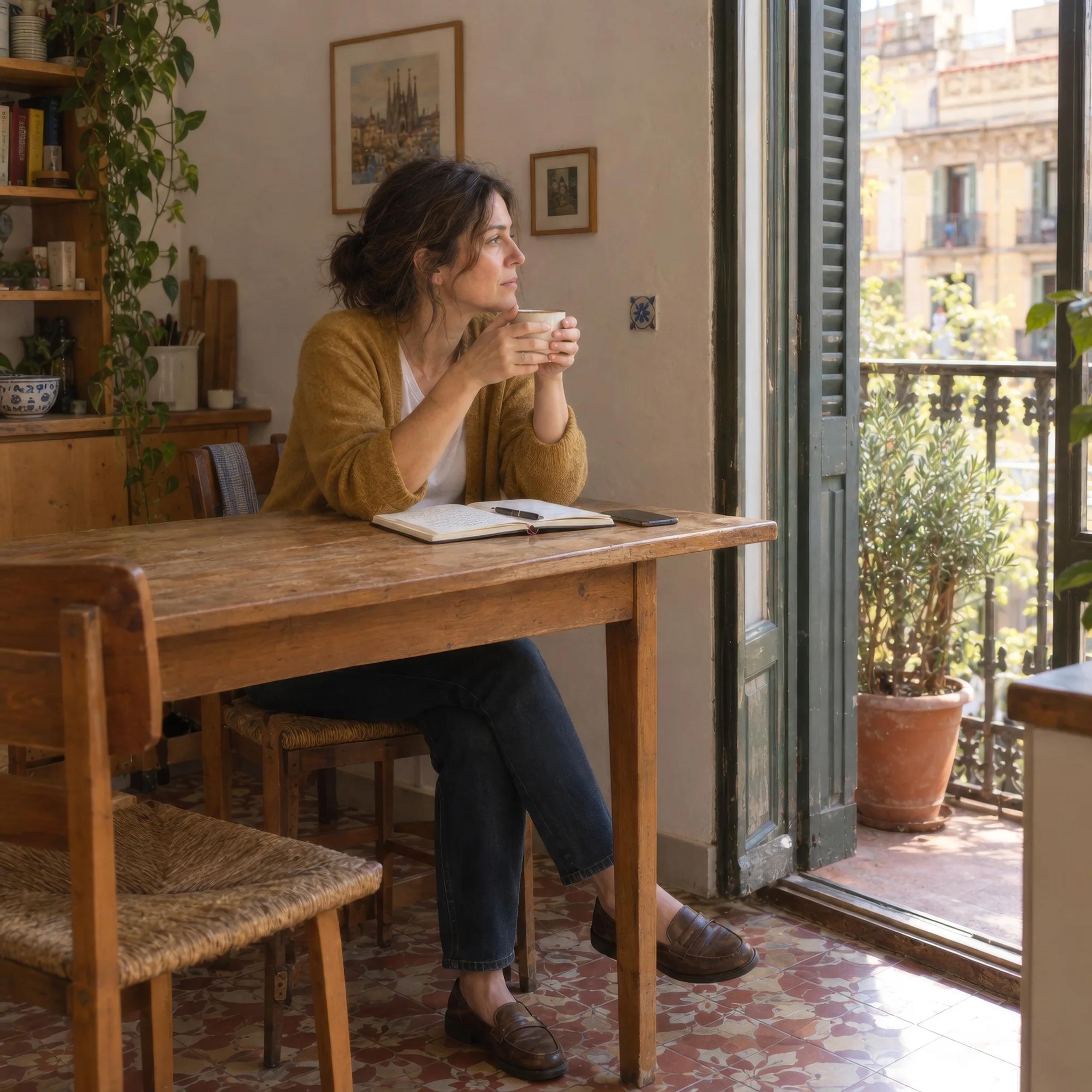 Mujer tomando un té en la mesa de la cocina, mirando por el balcón
