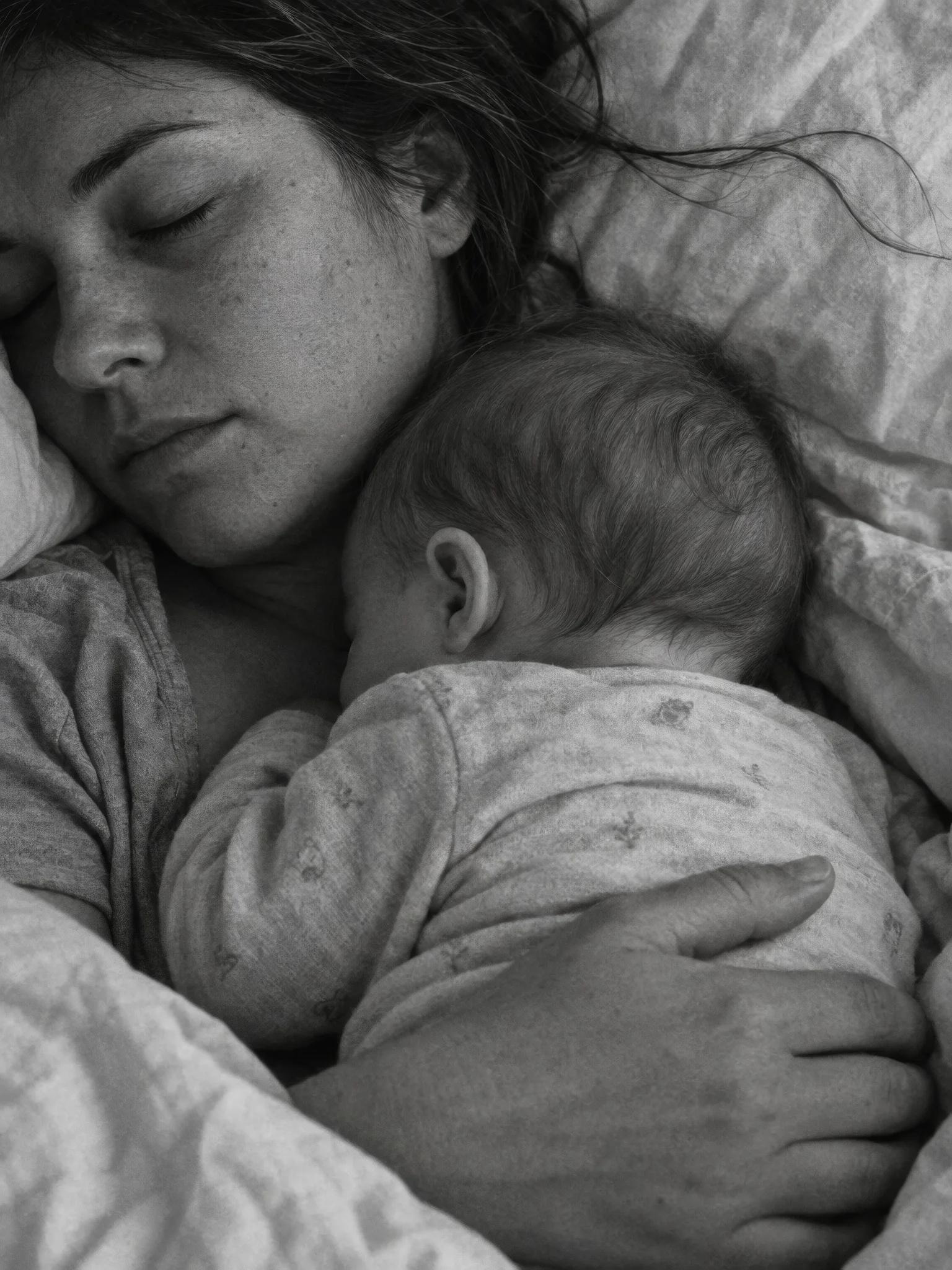 Madre y bebé durmiendo abrazados, en blanco y negro