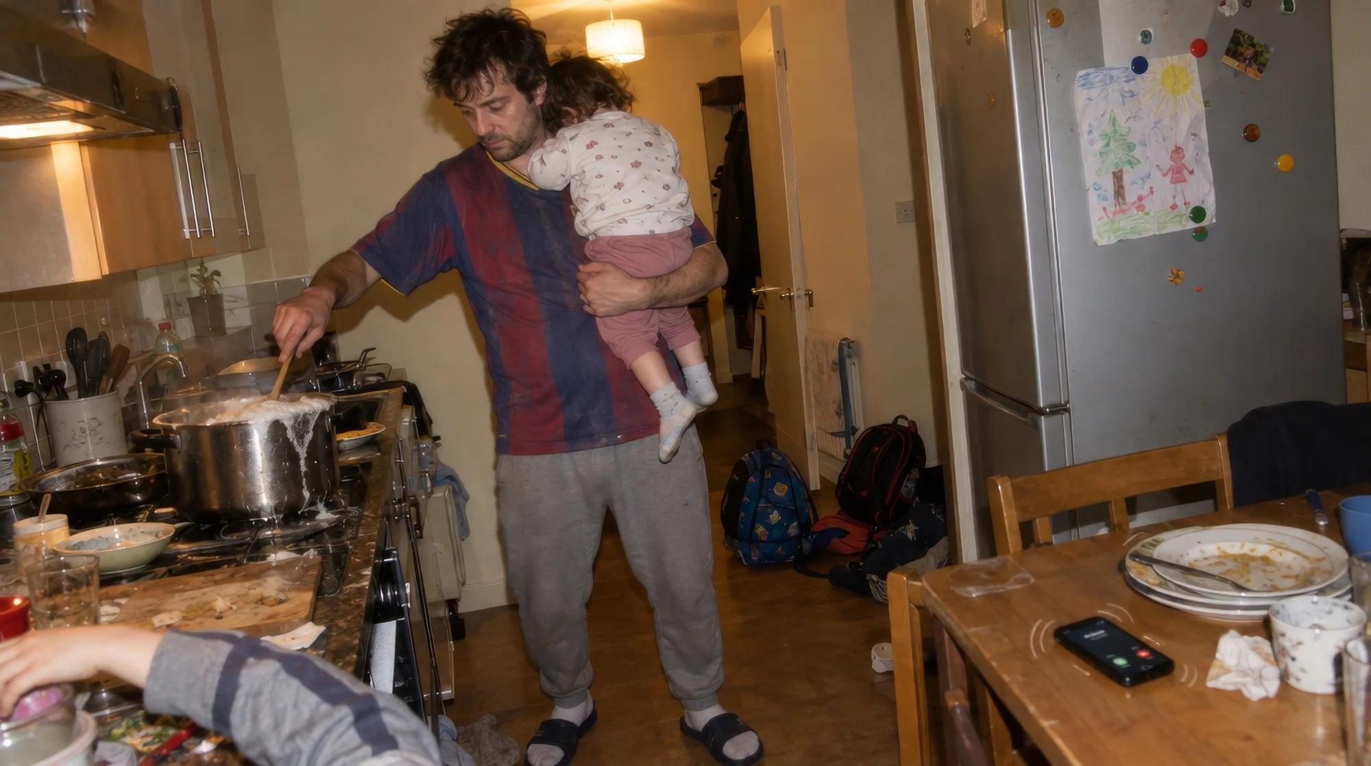 Padre cocinando con un niño pequeño en brazos en una cocina desordenada a la hora de la cena