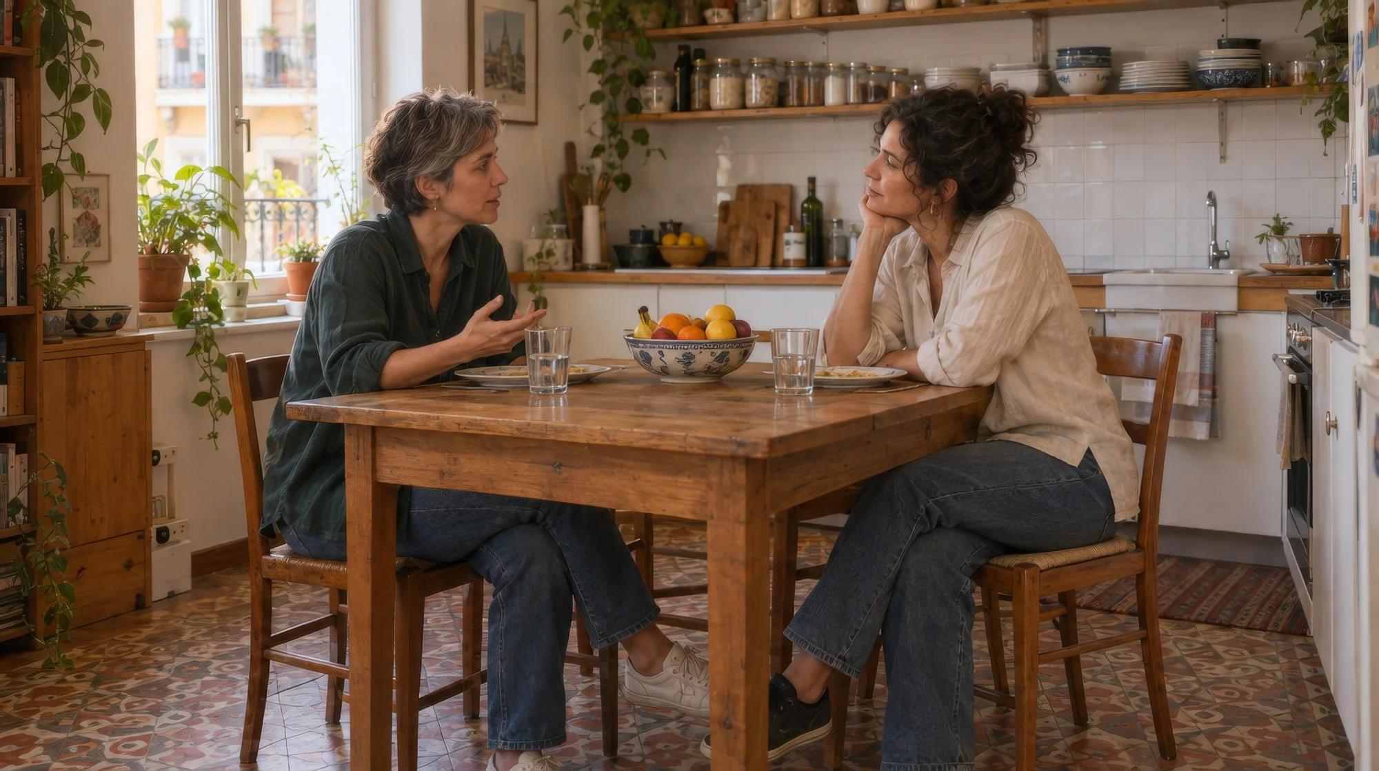 Dos mujeres conversando en la mesa de la cocina después de cenar