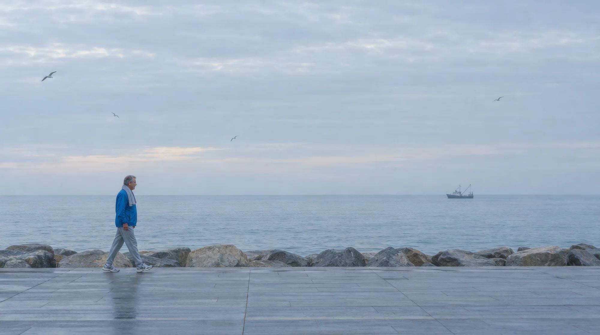 Hombre mayor caminando por el paseo marítimo de Barcelona al amanecer