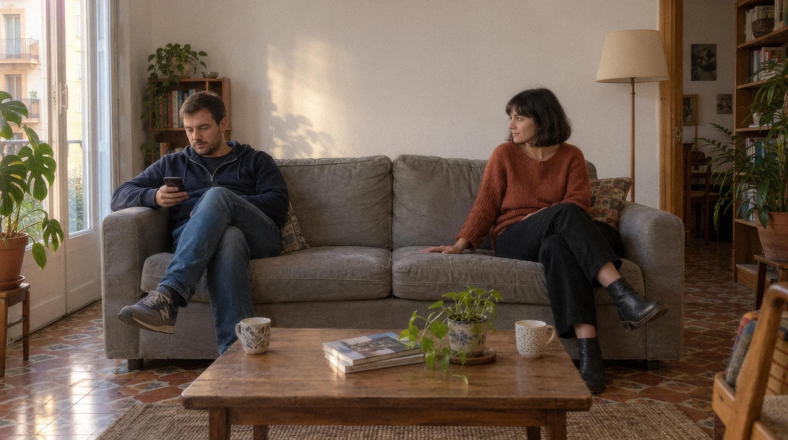 Pareja en el sofá de casa, él mirando el móvil y ella mirándolo a él, con una mesa baja y tazas entre los dos