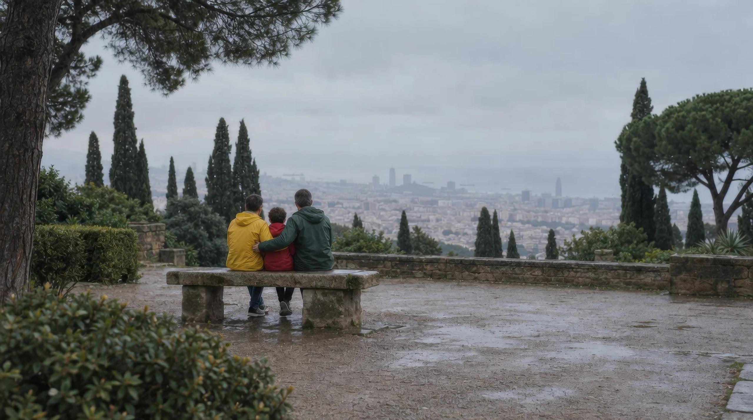 Familia de dos padres y su hijo sentados en un banco de Montjuïc un día nublado