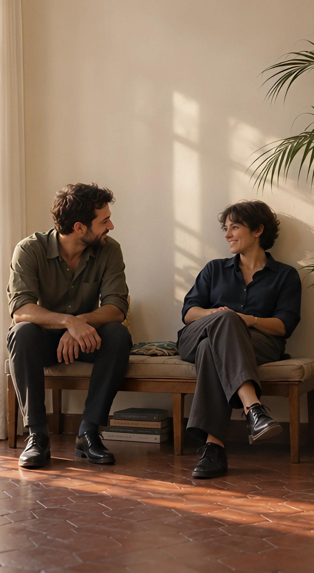 Dos personas conversando y sonriendo, sentadas en un banco junto a la ventana, con luz de tarde