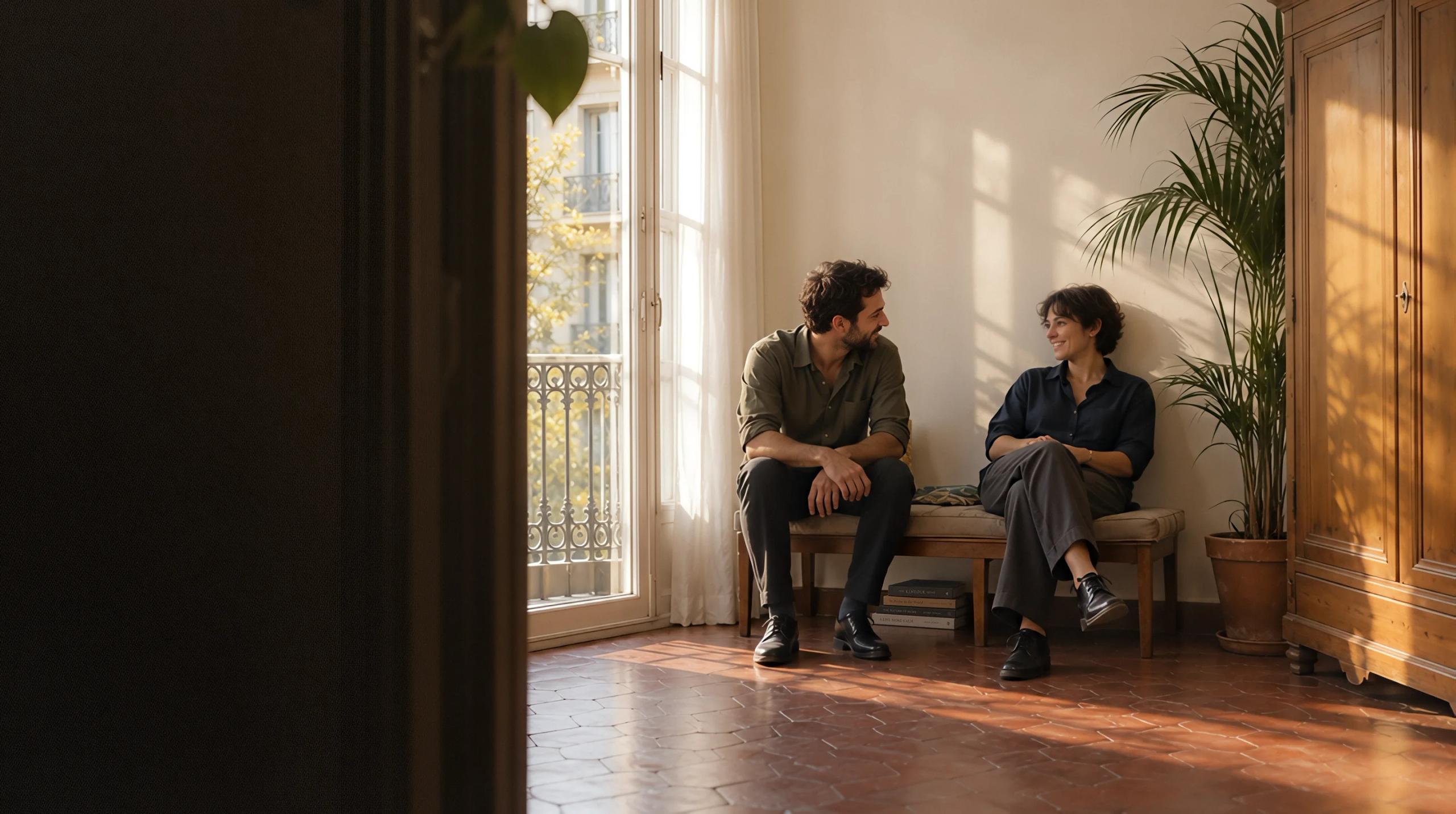 Dos personas conversando y sonriendo, sentadas en un banco junto a la ventana, con luz de tarde