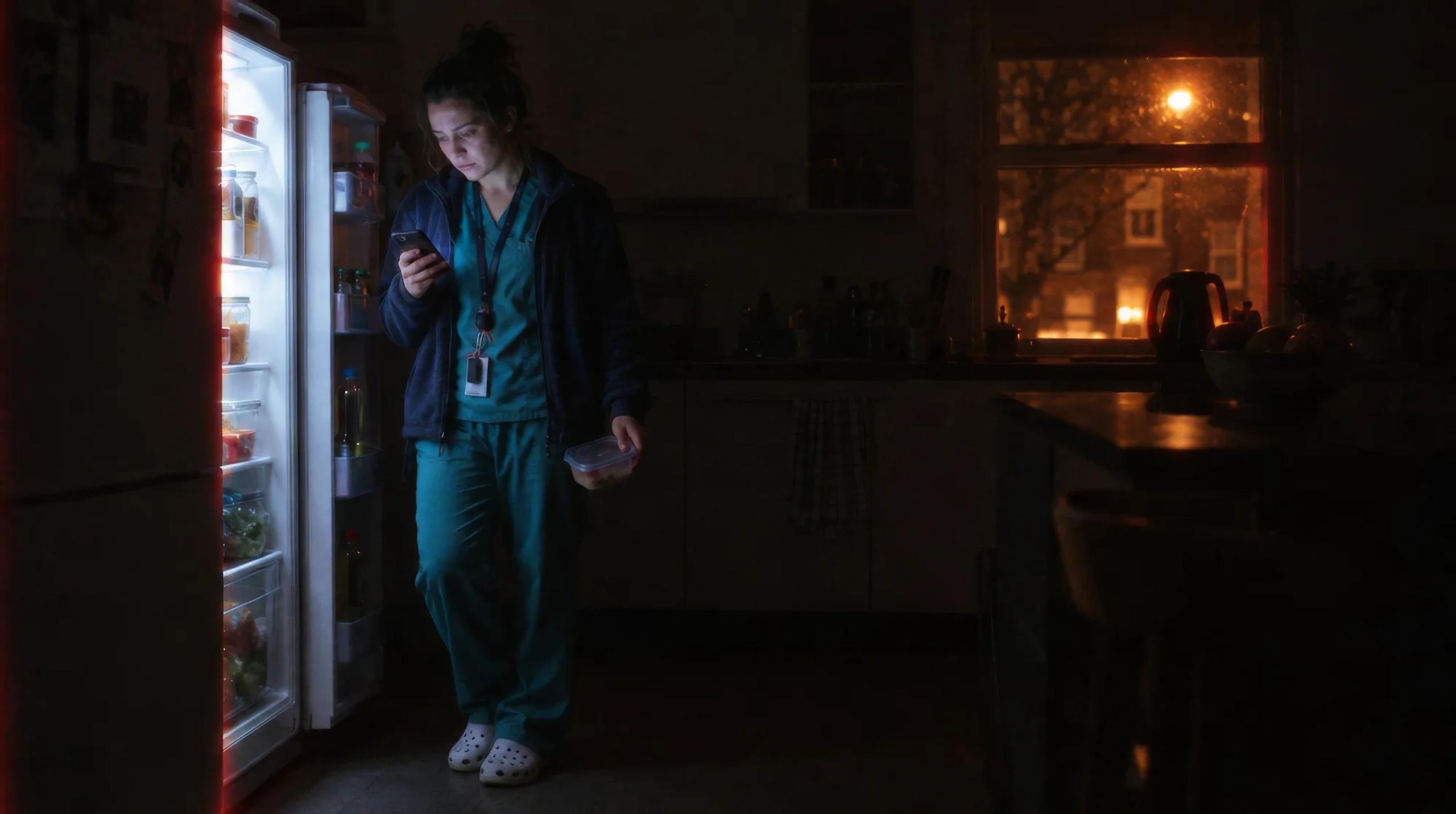 Mujer con uniforme sanitario mirando el móvil de noche junto a la nevera abierta