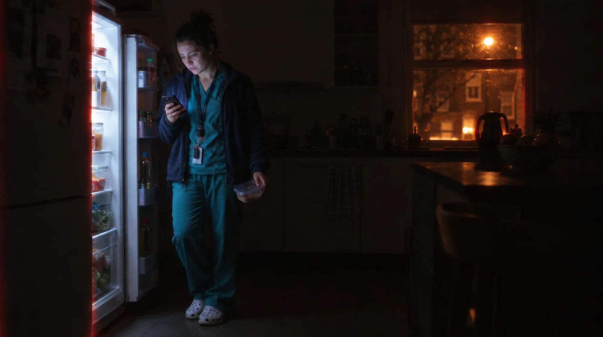 Mujer con uniforme sanitario mirando el móvil de noche junto a la nevera abierta