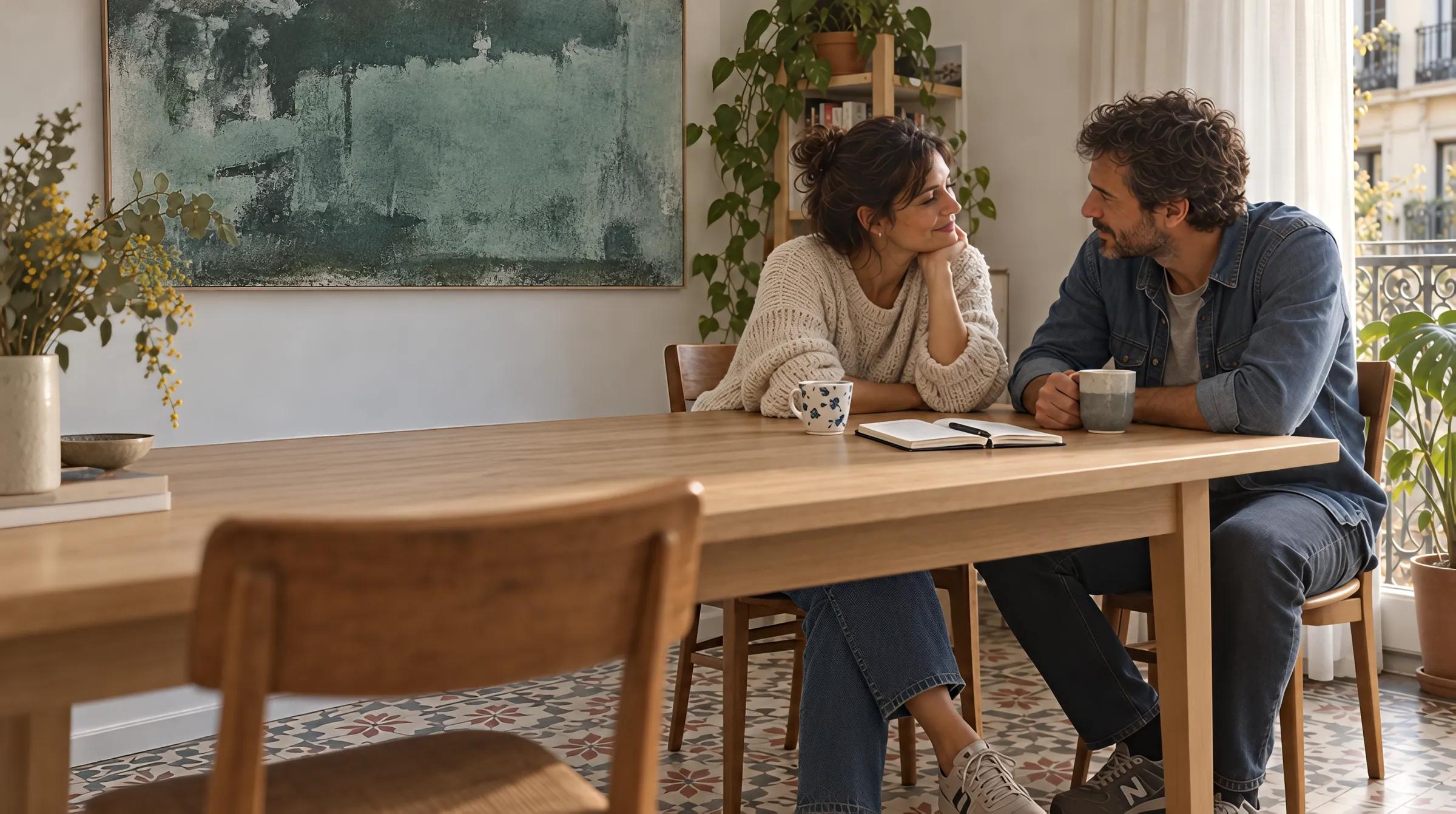 Pareja hablando con calma en la mesa del comedor, con dos tazas y una libreta abierta entre los dos
